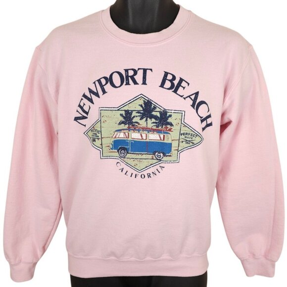 Newport Beach Sweatshirt Mens Size Small Pink Surfing Palm Trees California - Picture 2 of 6
